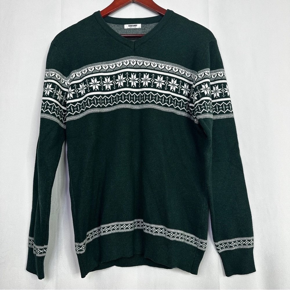 Coofandy Sweater Christmas Winter Long Sleeve Stretch Green Mens Medium Preppy